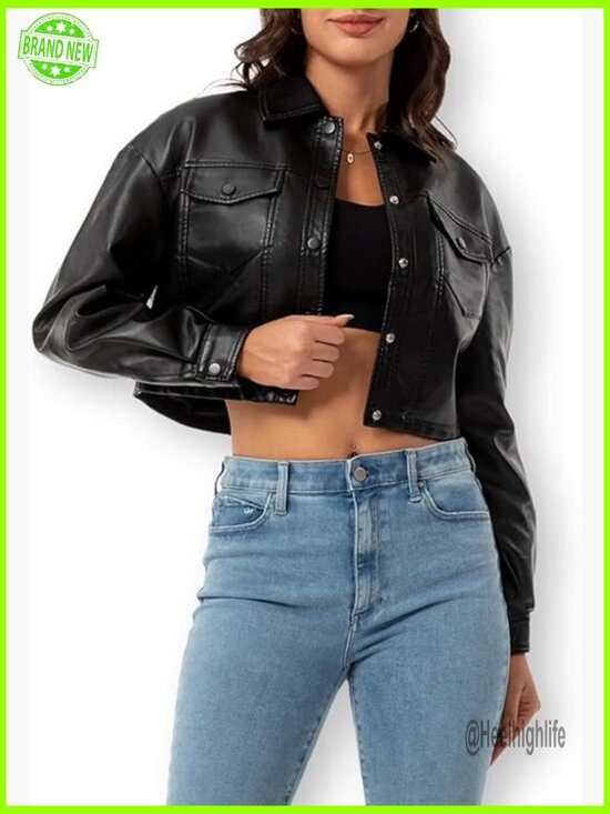 Jackets & Blazers - Faux Leather Cropped Moto Jacket, Long Sleeve Button Closure, Point Collar